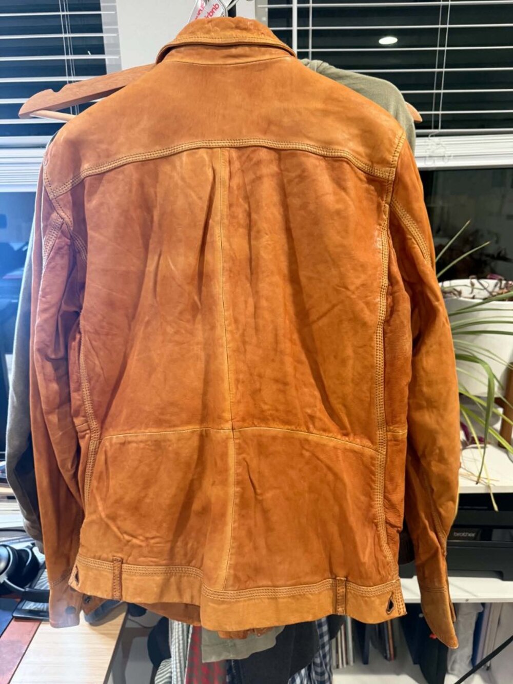 Diesel Lambskin Leather Trucker Jacket Cognac Brown M Printed Lining